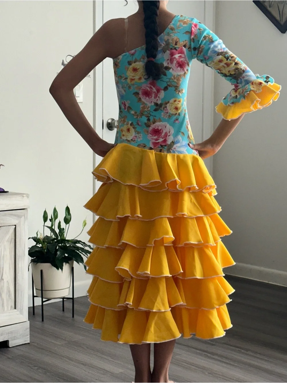 Girls Yellow Tiered Ruffle Dance Dress with Floral Bodice